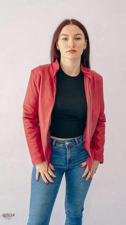Giacca donna in pelle rossa con zip frontale