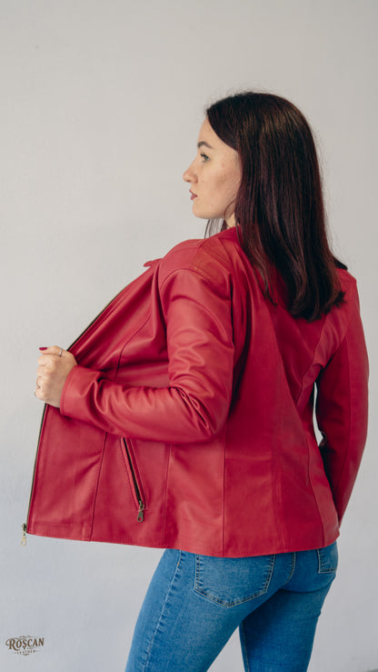 Giacca donna in pelle rossa con zip frontale