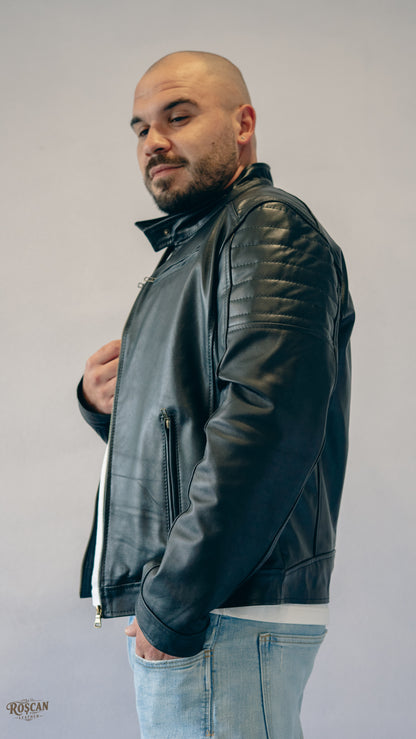 Giacca uomo in pelle nera con zip e tasche verticali