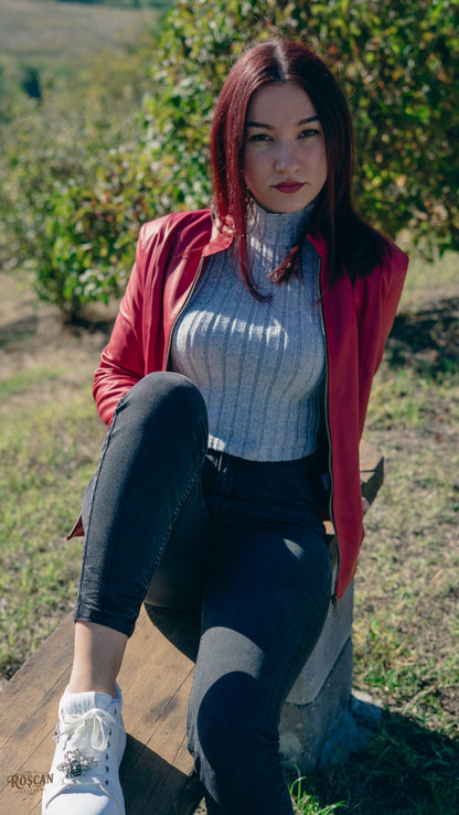 Giacca donna in pelle rossa con zip frontale