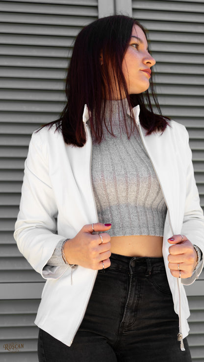 Giacca donna in pelle bianca con zip e collo alto